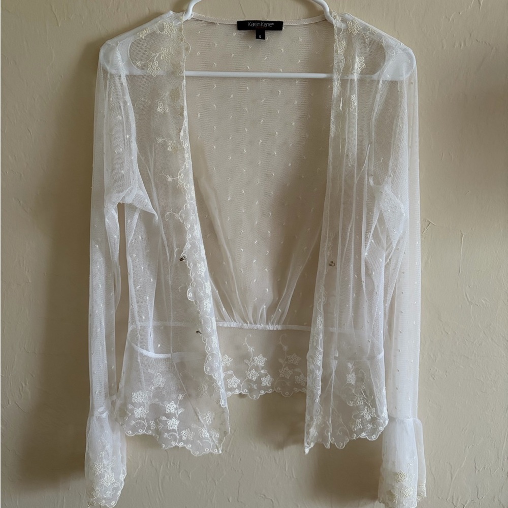 Karen Kane Sheer Embroidered Lace Cardigan - White
